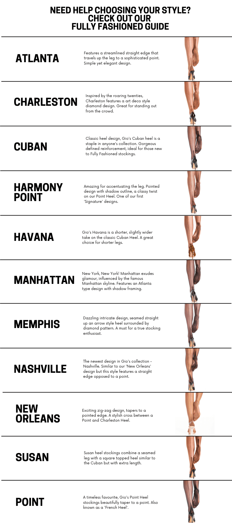Chart showing Gio Stockings Fully Fashioned Heel Designs