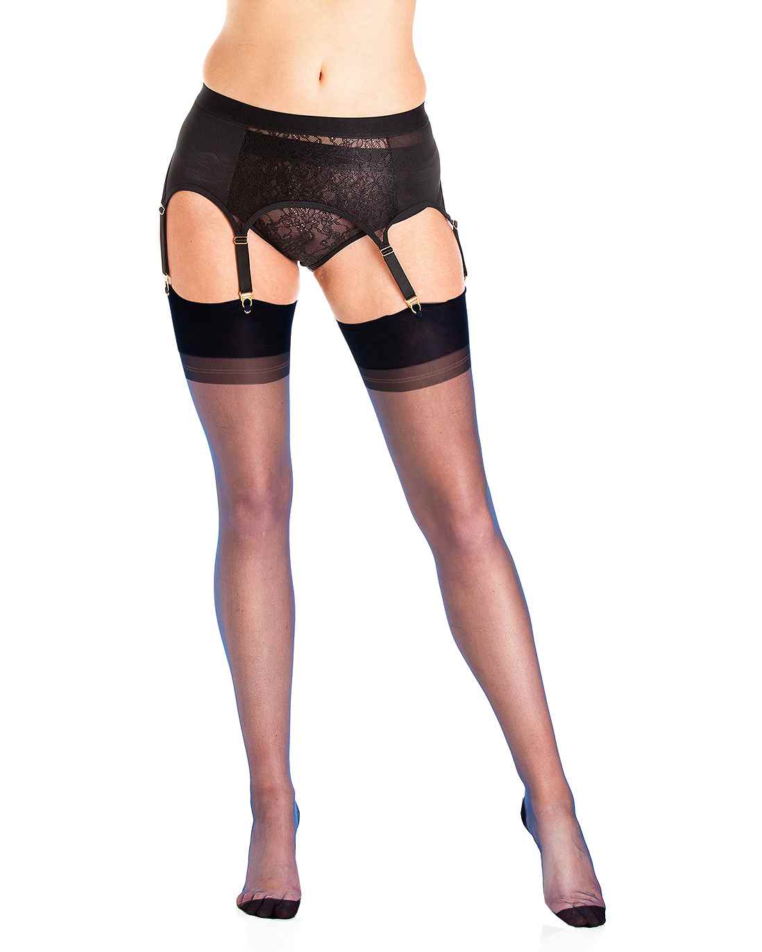 Model wearing black garter belt with navy stockings against a white background.