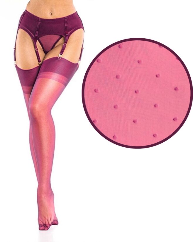 Model wearing plum garter stockings with a close-up inset showing textured fabric detail.