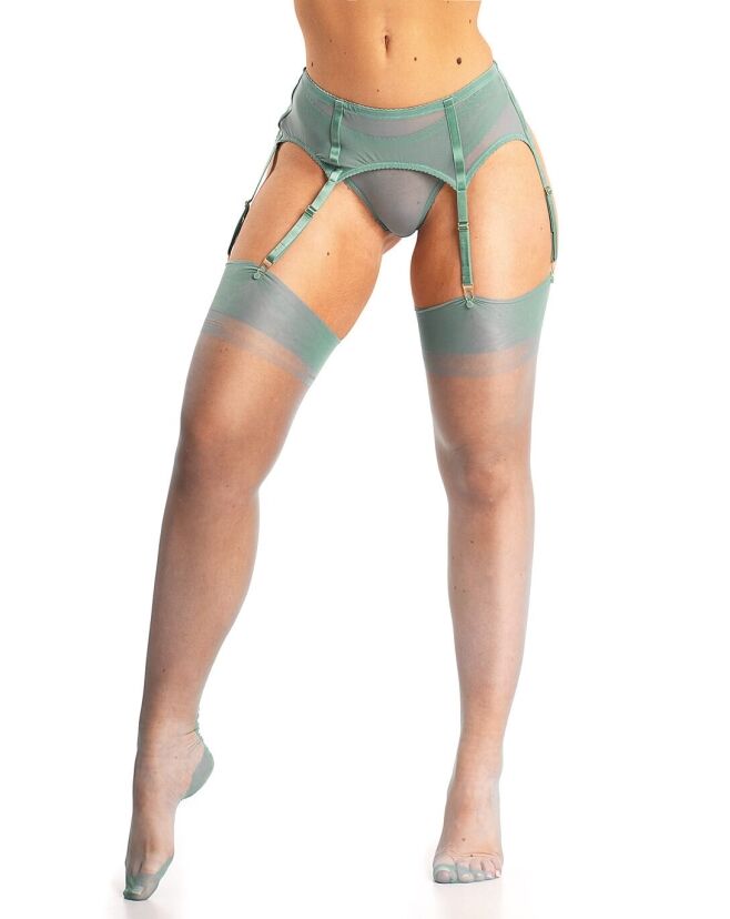 Bottom half of model wearing mint green lingerie against a white background. Front