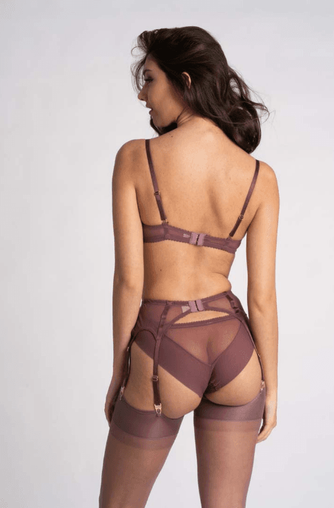 Back view of a model wearing damson lingerie with garter belt and stockings.