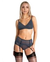 Model wearing French navy lingerie set with black stockings, posing against a white background.