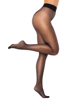 Side view of model wearing black tights against a white background.