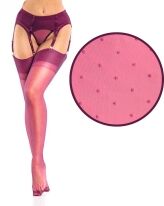 Model wearing plum garter stockings with a close-up inset showing textured fabric detail.